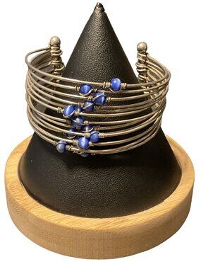 Silver Wire Bracelet With Blue Beads